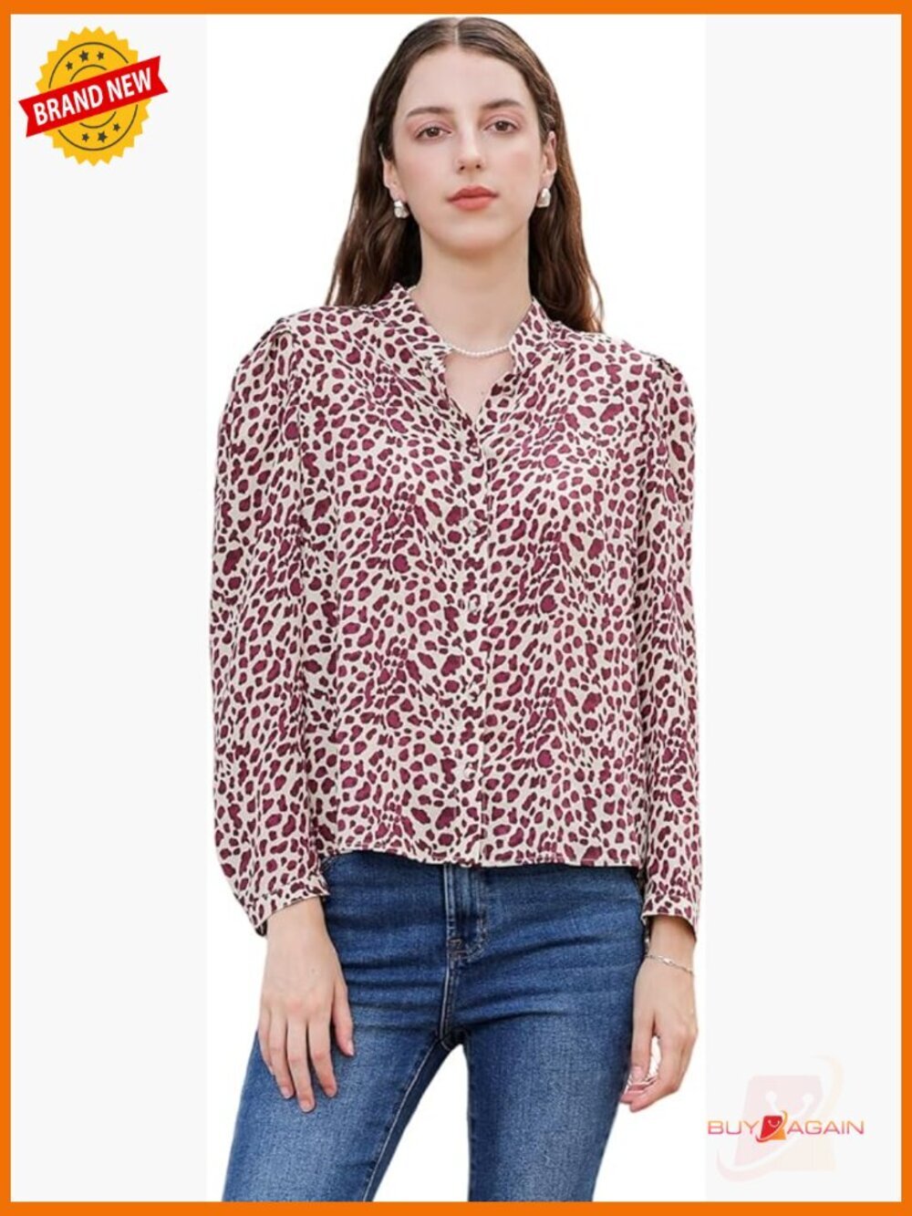 100% Silk Button Down Blouse Long Sleeve Leopard Print Puff Sleeve